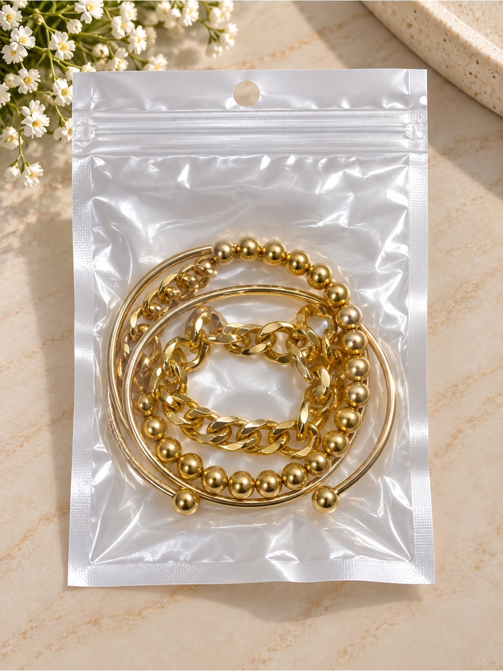 Gold Bead & Chain Bracelet Set - Women Jewelry